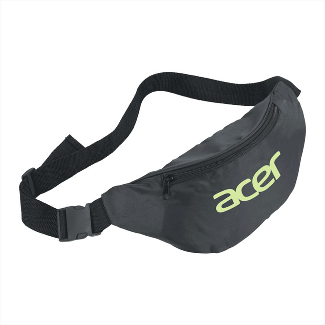 A black bum bag with a zippered compartment and an adjustable strap, featuring a logo in a bright colour.