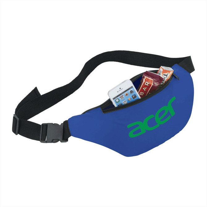 A blue bum bag with a black strap, containing snacks and a smartphone, featuring a logo on the front.