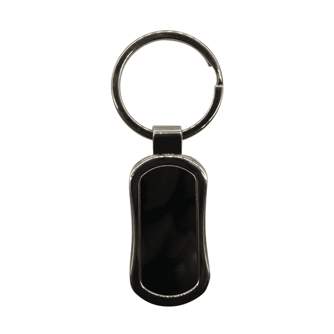 A gunmetal keychain with a sleek, rectangular design and a circular keyring attachment.
