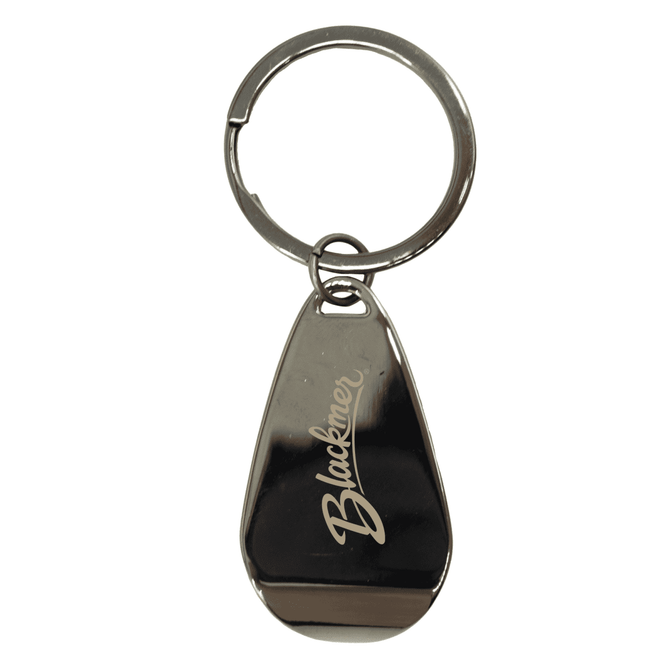 A drink bottle opener keychain in gunmetal colour with a polished finish and a logo.