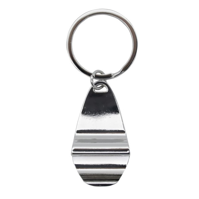 A silver keychain with a sleek, polished design, featuring a round ring for attachment.