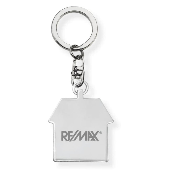 A silver keychain shaped like a house, featuring a logo, attached to a metal ring.