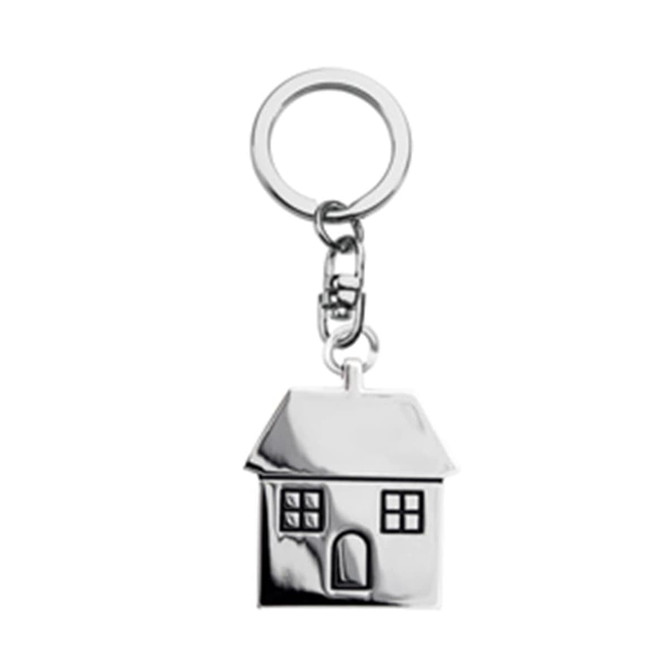 A silver keychain shaped like a house, featuring a circular ring and a small clasp.