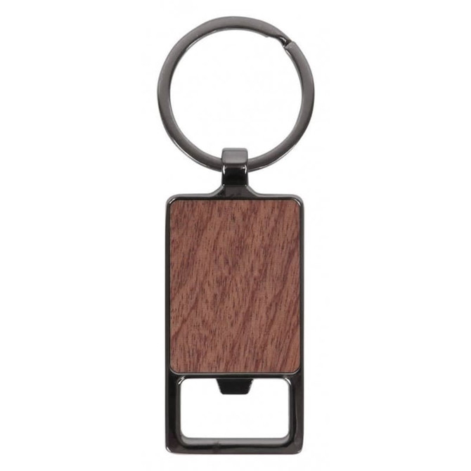 A rectangular keychain featuring a wooden design and a metal ring for attachment.