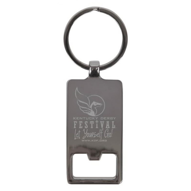 A silver rectangle keychain with a bottle opener feature and a logo. Elegant and practical design.