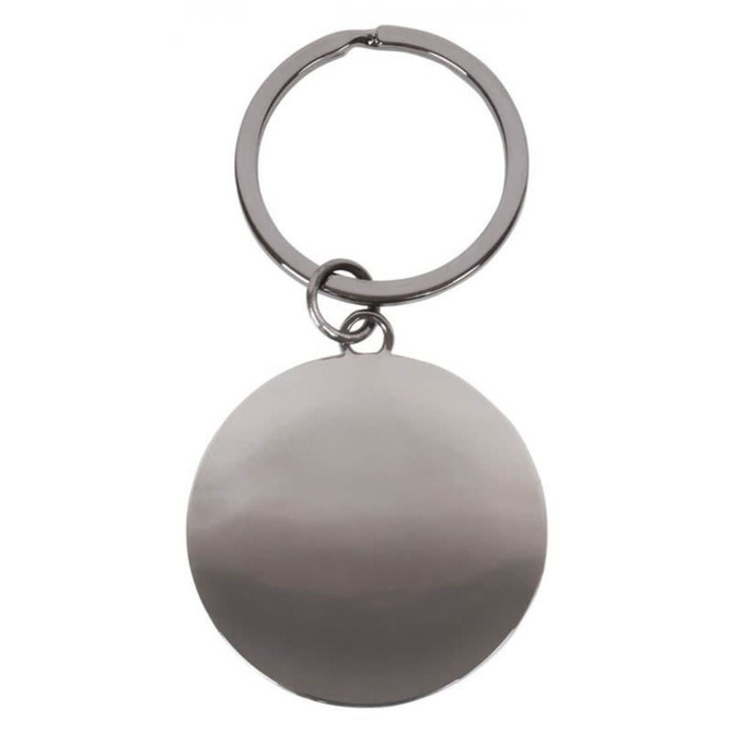 A round silver keychain with a simple, polished finish and a silver split ring attachment.