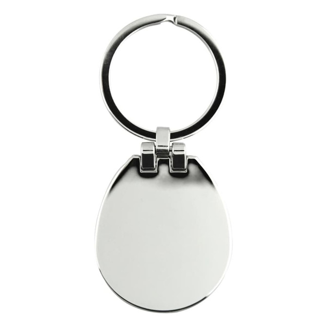 A silver keychain with a smooth, oval shape and a circular attachment ring. It features a logo.