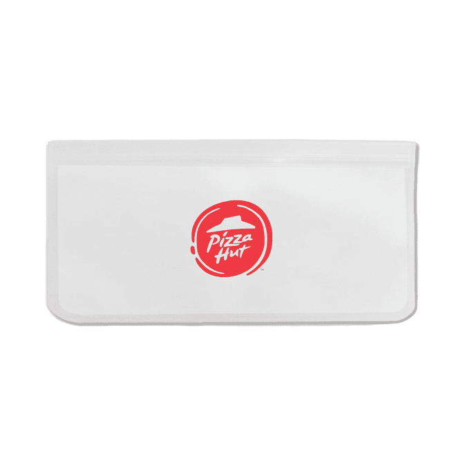 A white PEVA reusable food storage bag with a red logo, suitable for lunch or snacks.