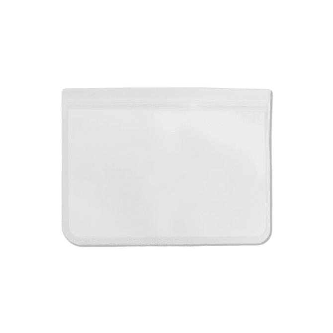 A clear, reusable PEVA food storage bag with a zip closure, measuring 21.5 cm x 18 cm. It features a smooth finish.