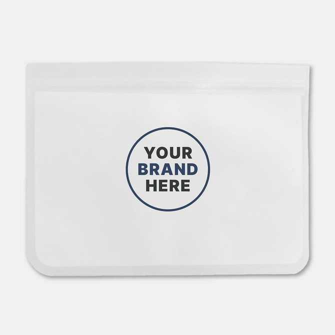 A transparent, white PEVA reusable food storage bag with a circular logo area.