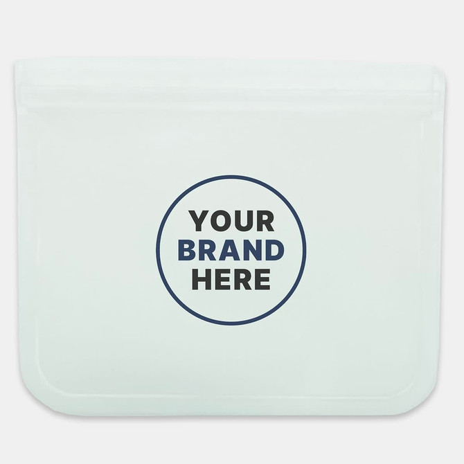 A clear PEVA reusable food storage bag with a round logo space. Dimensions are 21.5 cm x 18 cm.