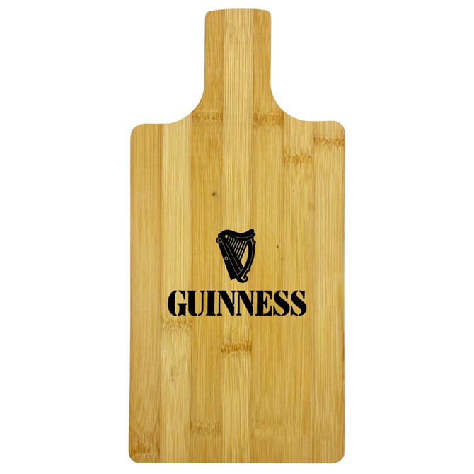 A bamboo chopping board with a handle and a logo design featuring a harp element in black.
