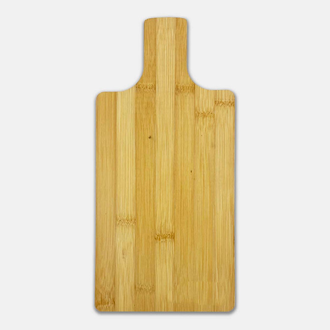 A bamboo chopping board in a natural finish with a handle at the top and a flat surface.