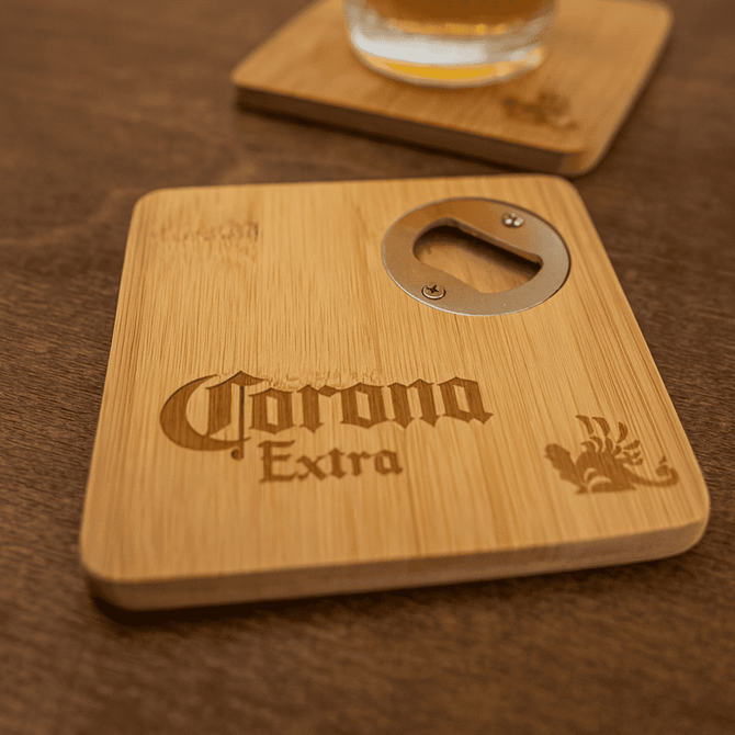 A square bamboo coaster featuring a bottle opener and a logo, set on a wooden surface with a drink.