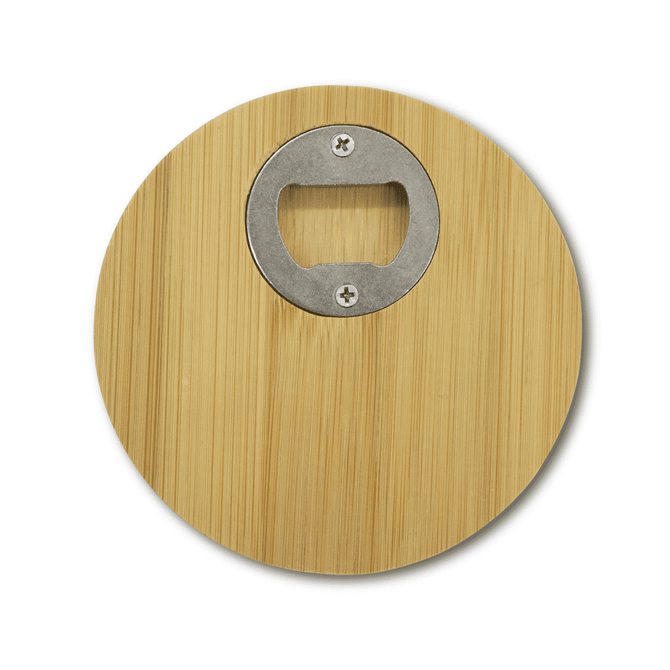 A round bamboo coaster featuring a metal bottle opener in the centre. The natural bamboo colour is prominent.