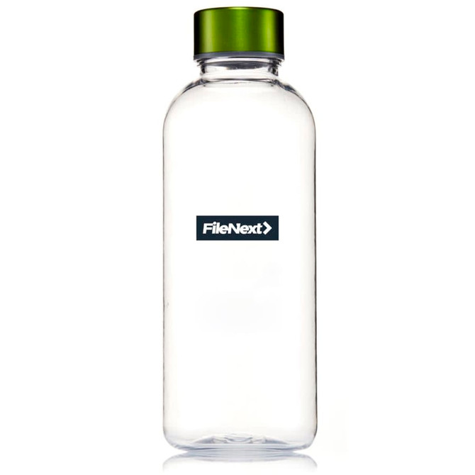 A drink bottle made of clear Tritan plastic with a green screw-top lid and a logo on the front.