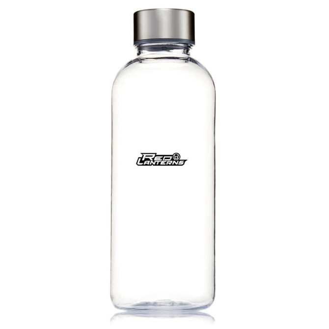 A drink bottle made of clear Tritan material with a silver lid and a logo on the front.