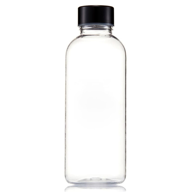 A drink bottle made of clear Tritan with a black screw-on lid. It has a sleek, modern design.