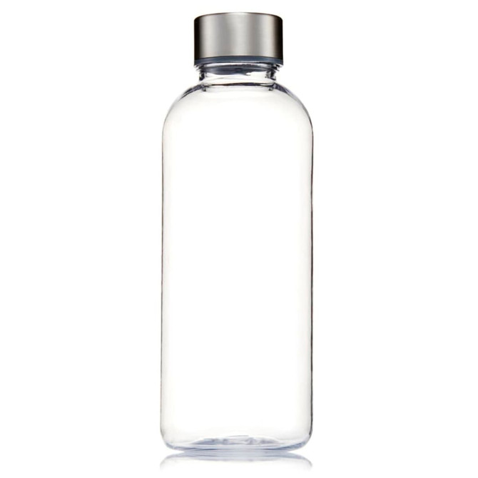 A drink bottle with a transparent body and silver screw cap, featuring a logo at the top.