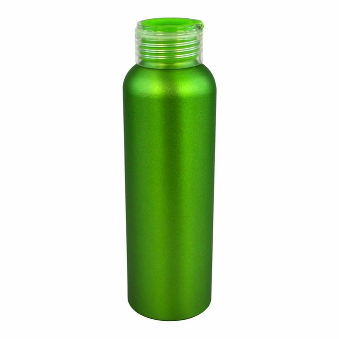 A drink bottle in vibrant green aluminium with a screw-on lid and a smooth finish. Includes a logo.