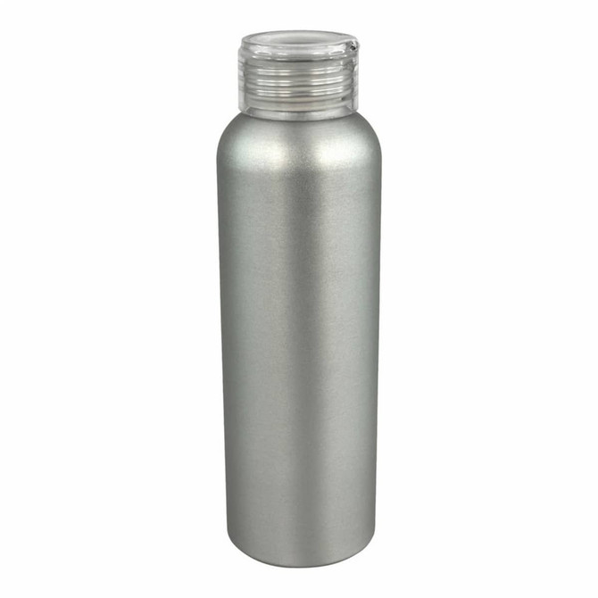 A drink bottle with a silver aluminium body and a clear screw-top lid. It features a branding logo.