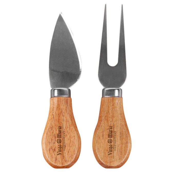 A cheeseboard knife set featuring two stainless steel utensils with wooden handles and a logo.