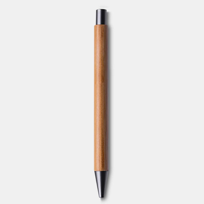 A bamboo pen with a black tip and a sleek design. It features a logo on the barrel.