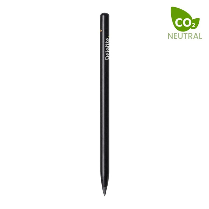 A black graphite pencil with a smooth finish and a logo on the side.