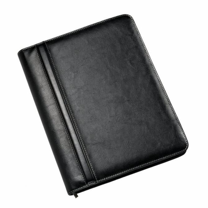 A black leather binder with a smooth finish and a side pocket, suitable for documents and notes.