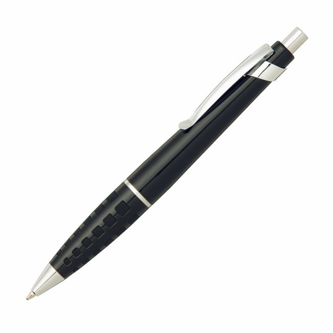A black pen with a silver clip and detailing, featuring a textured grip. It has a logo on its barrel.