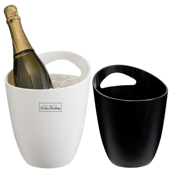 A white and a black ice bucket, each holding a bottle of champagne with ice. Both have a handle and feature a logo.