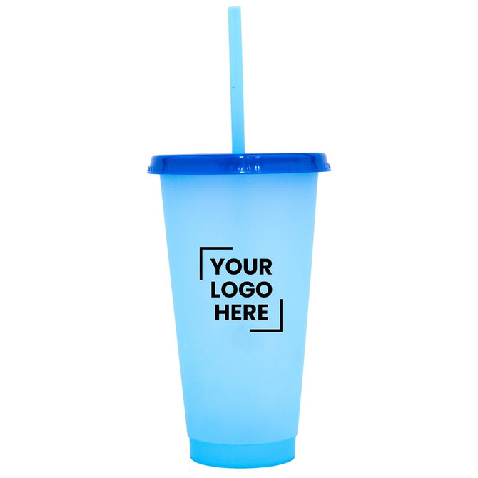 A drink bottle in light blue with a blue lid and straw, featuring a logo.