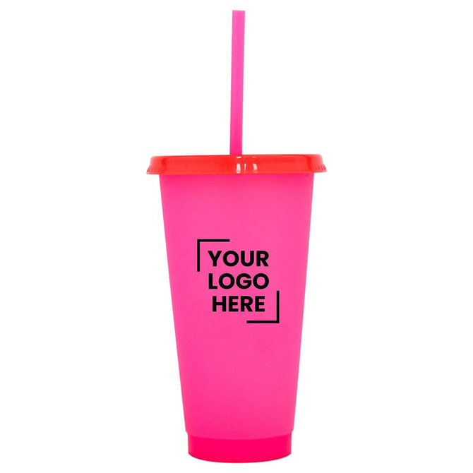 A drink bottle in vibrant pink with a contrasting red lid and straw, featuring a logo design.