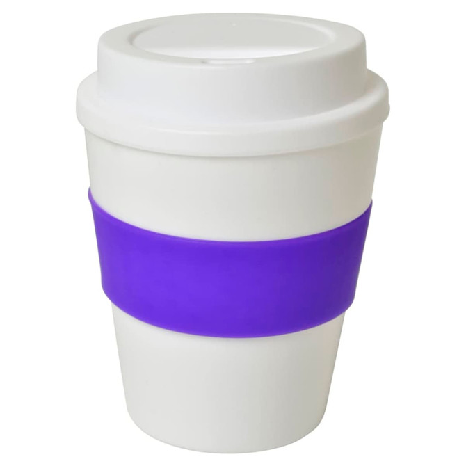 A drink bottle in white with a purple silicone band and a matching lid. Features a logo.
