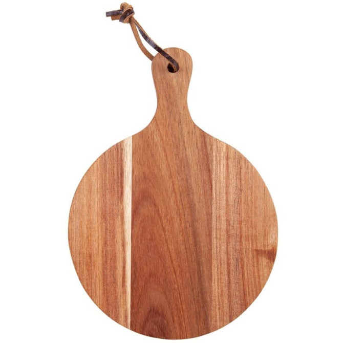 A round wooden cheeseboard featuring a natural finish and a leather strap for hanging.