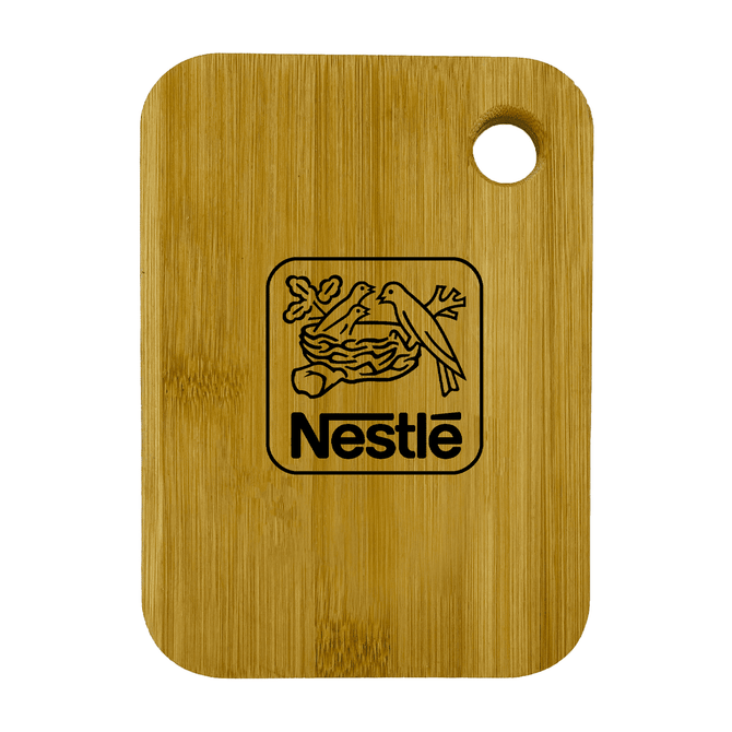 A small bamboo cutting board featuring a round handle and a logo on the surface.