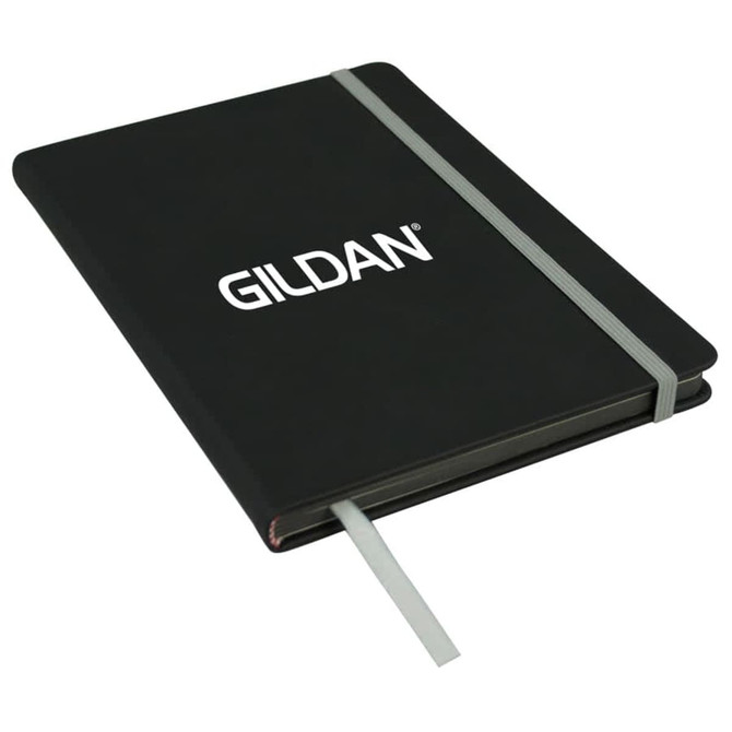 A black A5 journal with an elastic closure and a ribbon bookmark. It features a logo on the cover.