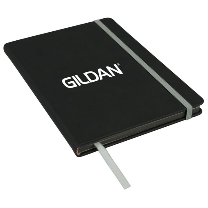 A black A5 journal with a textured cover, an elastic closure, and a ribbon bookmark. It features a logo on the front.