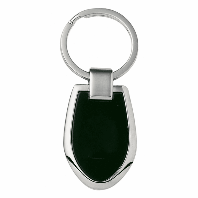 A sleek keychain featuring a polished silver finish and a black shield-shaped body, with a circular ring attachment.