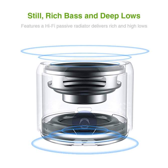 A transparent Bluetooth speaker featuring a black and silver design with visible speaker components and sound wave graphics.