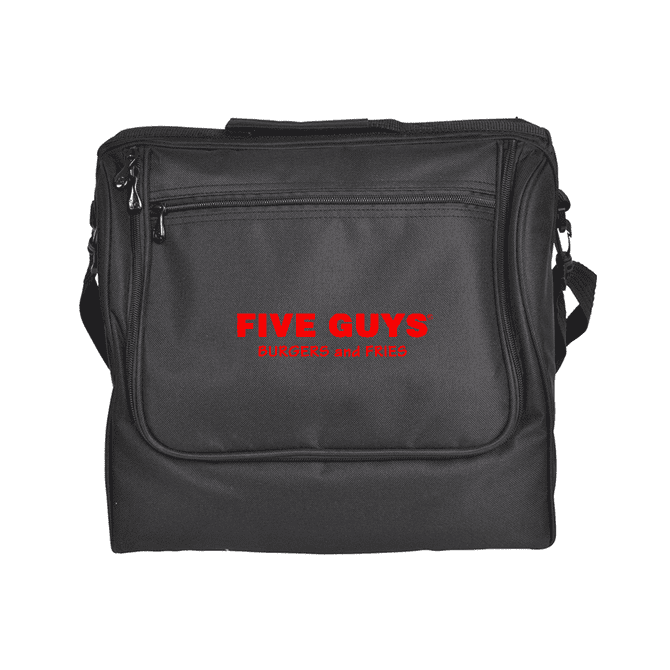 A black picnic basket with a shoulder strap, featuring a red logo and zippered compartments.