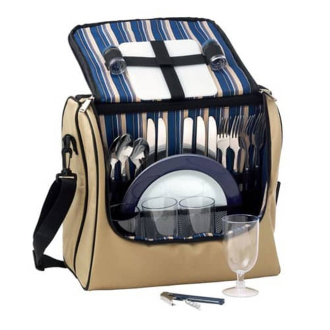 A tan picnic basket featuring cutlery, plates, glasses, and a wine opener, with a striped interior and a logo.