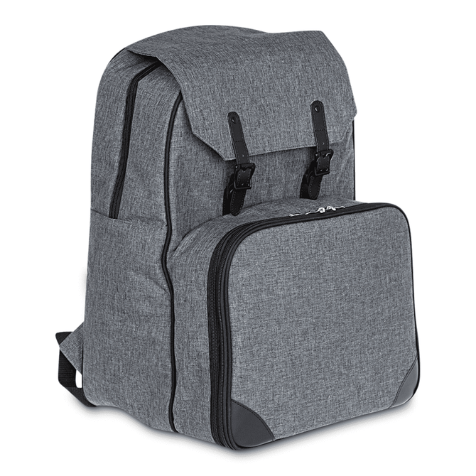 A grey backpack featuring a double flap closure and a front zippered compartment, with black accents.
