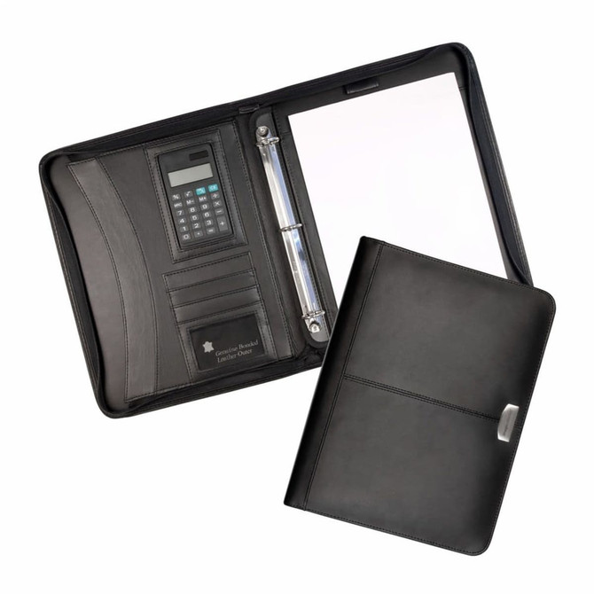 A black leather zippered compendium with a calculator, card slots, and a notepad. Features a front cover with a logo.