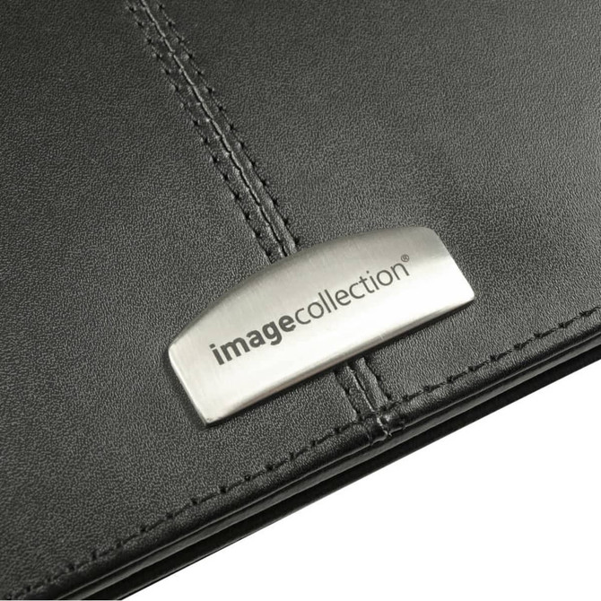 A black leather zippered compendium featuring a silver branding plate.