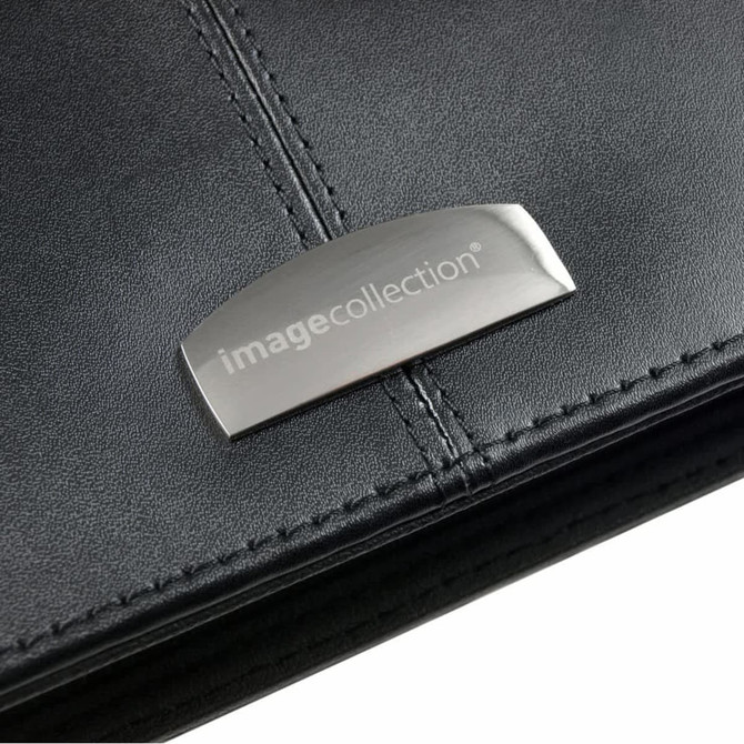 A black leather zippered compendium with a metallic logo embellishment.