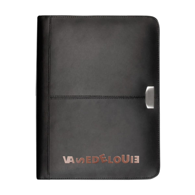 A black leather zippered 3-ring compendium featuring a sleek design and a logo on the front.