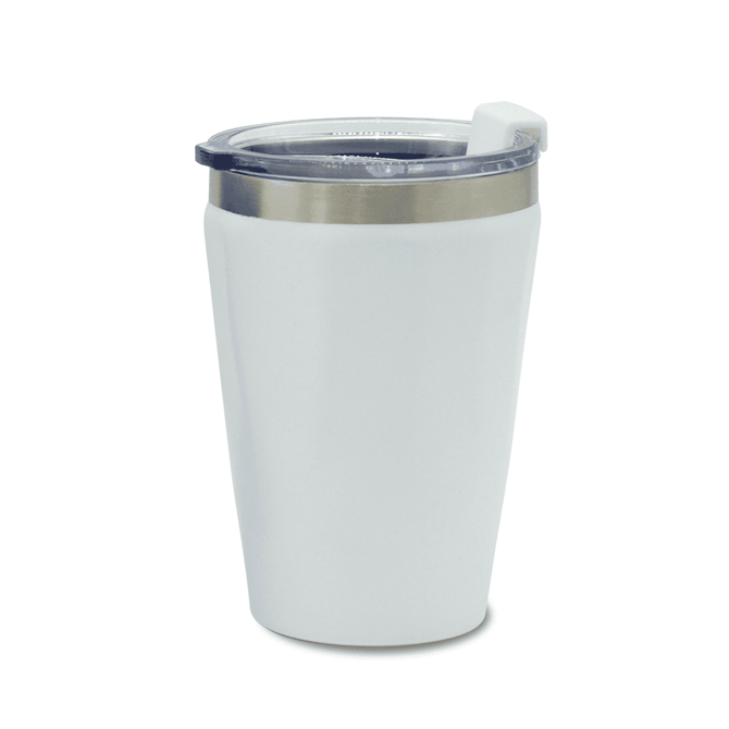 A drink bottle with a white exterior and stainless steel band, featuring a clear lid and an airtight seal.