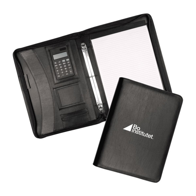 A black zippered compendium with a calculator, notepad, and multiple cardholders inside.
