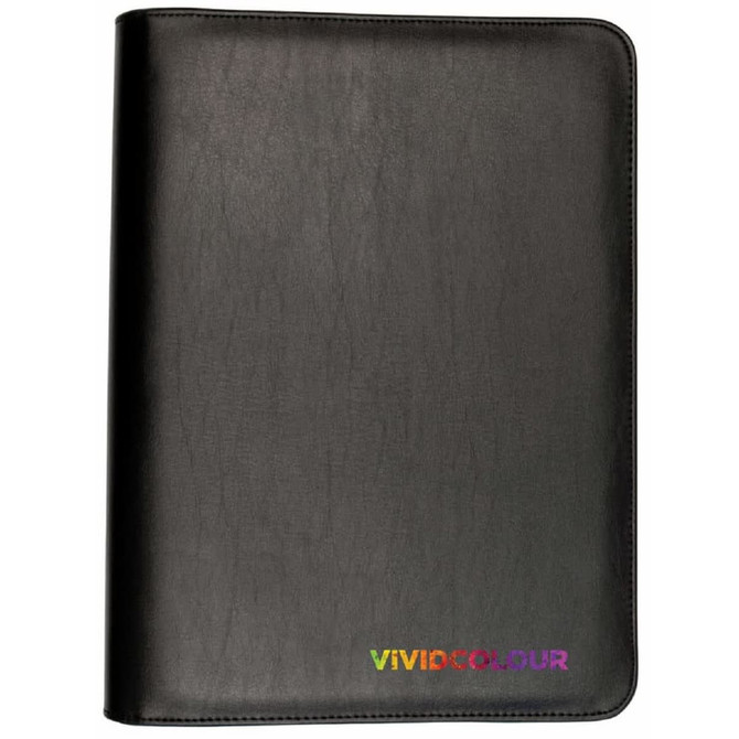 A black zippered compendium with a textured finish, featuring a logo in vivid colours at the bottom.